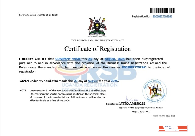 Uganda business name registration certificate Word and PDF template